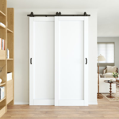 56“ x 96 "H Barn Door White Primed Solid Core Sliding Double Barn Door With Installation Bypass Barn Door Hardware Kit/No Assembly Required