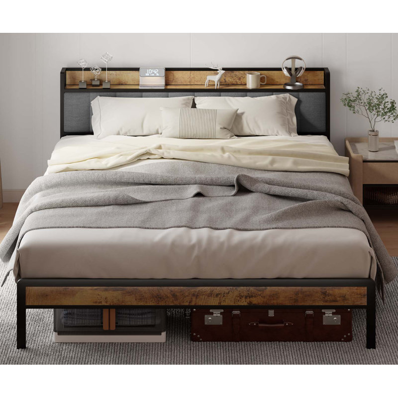 Dark Grey King Metal Platform Bed with Storage Headboard