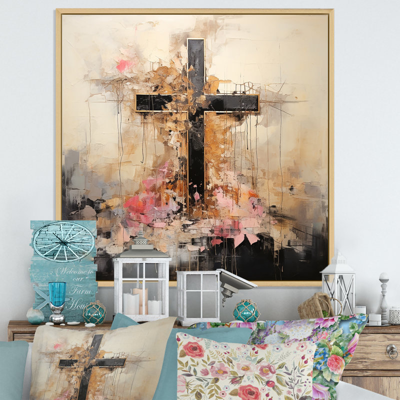 Minimalisme floral, croix religieuse, H 16 po x l 16 po x P 1 po, Cadre naturel flottant