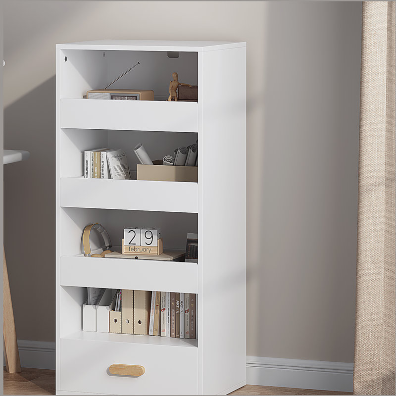 4-Tier Bookshelf with 3 Sliding Drawers and 1 Bottom Drawer