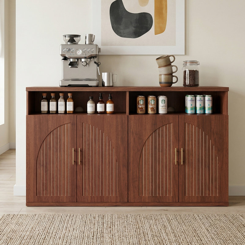 Buffet 4 arches cannelées à 4 portes avec tablettes ouvertes et charnières à fermeture en douceur et ensemble anti-basculement pour le salon et la salle à manger