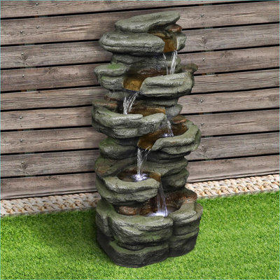 Fountains (Fuente, Cascada, Jardín) 6-Tier 30.7"H Rock Waterfall Fountain with LED Lights, for Patio Garden | Resin | Rock Fountain