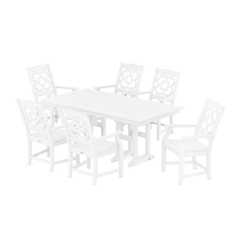 Ensemble repas pour 6 personnes avec table rectangulaire Chinoiserie, Blanc