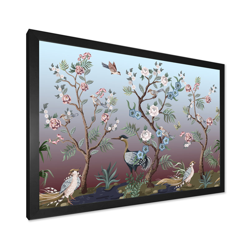 Chinoiserie avec oiseaux et pivoines - peinture sur toile, H 16 po x l 32 po x p 1 po, Cadre photo noir