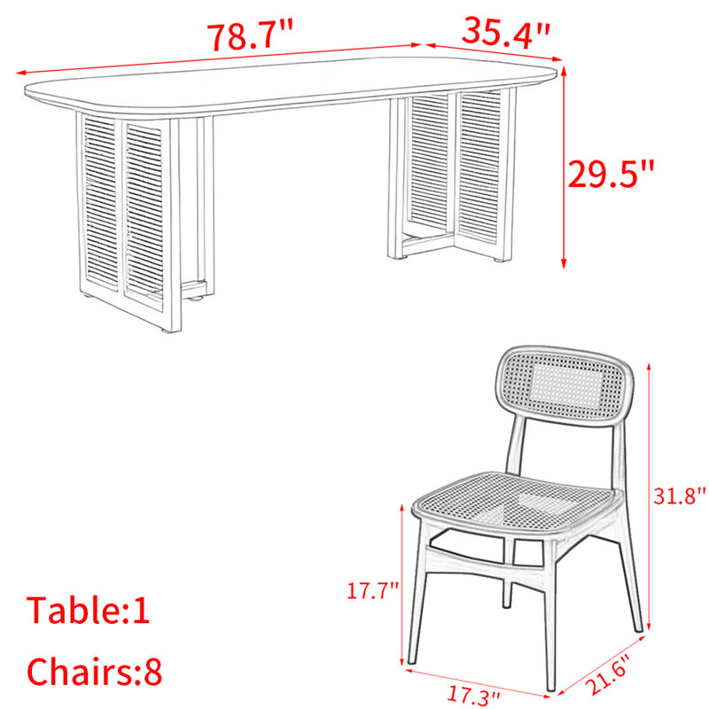 Ensemble de table en rotin de bois de style japonais, H 29,5 po x L 78,7 po x l 35,4 po