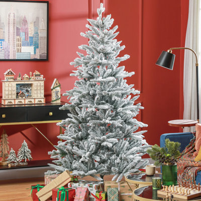 43.3" X 70.9" Snowy Tree, 994 Tips, Metal Stand, Quick Assembly For Home 6ft Snow Flocked Hinged Branches, Setup Decor