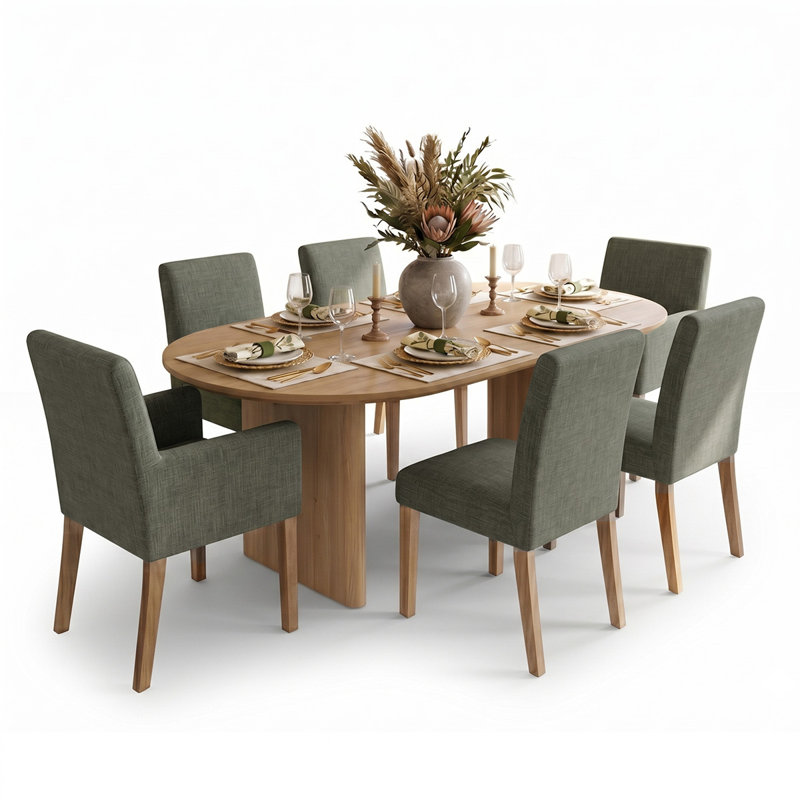 6-Piece Linen Upholstered Solid Wood Dining Chair Set, Dark Green