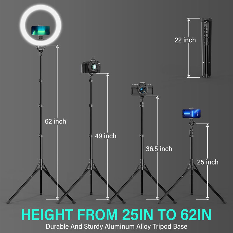 Anneau lumineux à DEL pliable de 14 pouces avec trépied de 62 pouces, support de téléphone et télécommande, luminosité et température de couleur réglables pour le Selfie, le Tiktok, la photographie, le maquillage, la diffusion en direct