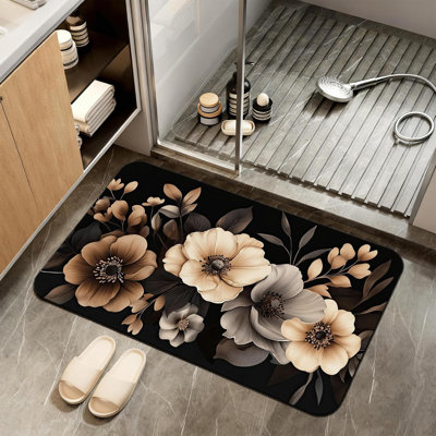 Tapis de bain, tapis de salle de bain à fleurs noires brunes, tapis de bain en caoutchouc antidérapant à séchage rapide Tapis de terre à diatome absorbant artistique pour salle de bain 17 po x 29,5 po