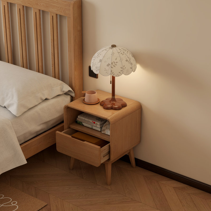42cm W Solid Wood Bedside Table, 1 Drawer, Natural Oak