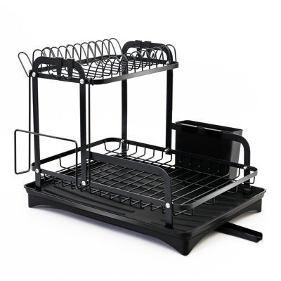 Dish Drying Rack, 2 Tier Large Dish Drying Rack for Kitchen Counter with Drainboard Stainless Steel Dish Drainer for Dish/Knifes/Cup/Cutting Board, Black