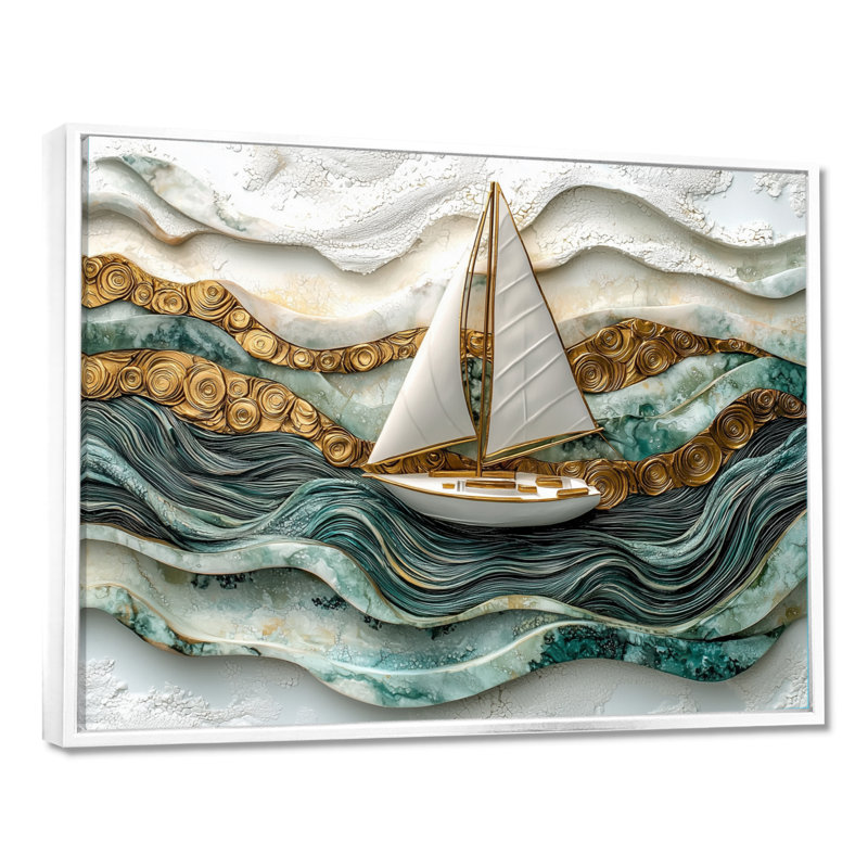 Voilier doré sur l'océan Emerald III - bateau, art mural, H 30 po x l 40 po, Reproduction avec cadre flottant, Blanc