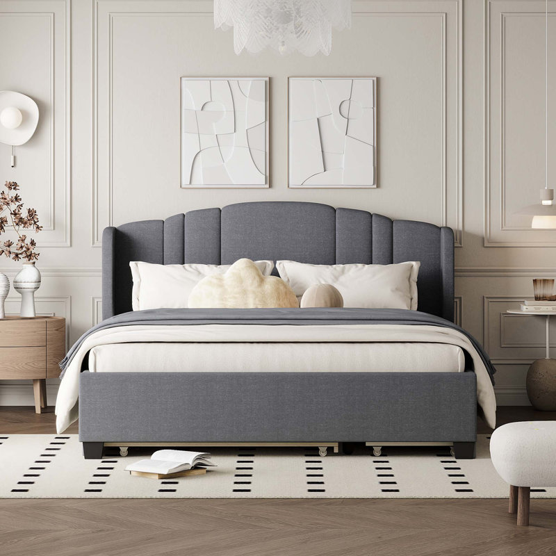 Lit plateforme tapissier avec tête de lit à oreilles, lit gigogne simple et 2 tiroirs, gris