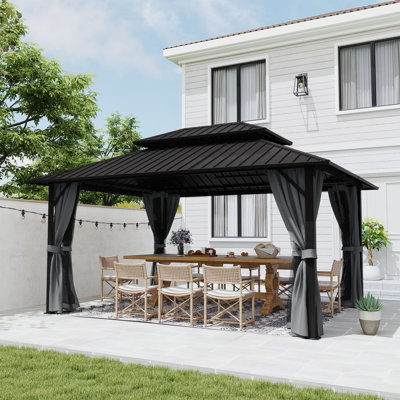 D Double Roof Hardtop Aluminum Patio Gazebo with Netting and Curtains