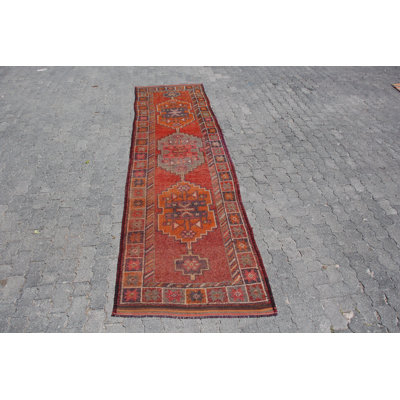 Handmade Oriental Bohemian Runner Rug: Vintage Turkish Kilim in Striking Red for Hallway Decor