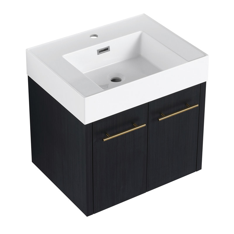 24 Inch Wall-Mounted Bathroom Vanity With Sink, Thick Edged Resin Basin, KD-Package
