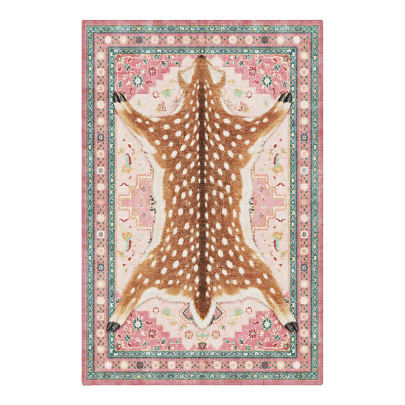 Tapis de salon lavable à poils ras, motif cerf tacheté et bordure florale, imprimé animal de Noël rose et marron