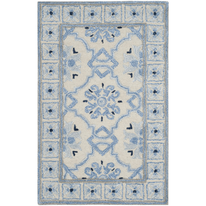 Cruz Hand Tufted Wool/Viscose Oriental Rug in Ivory Blue, Rectangle 2'6" x 4'