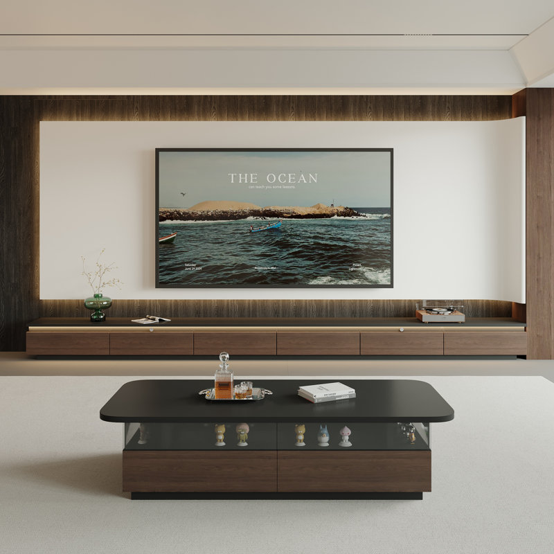Table basse moderne avec éclairage DEL, plateau mobile, présentoir en verre et tiroirs de rangement