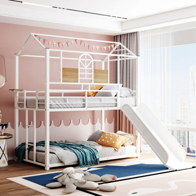 Twin Over Twin Metal House Bunk Bed With Slide