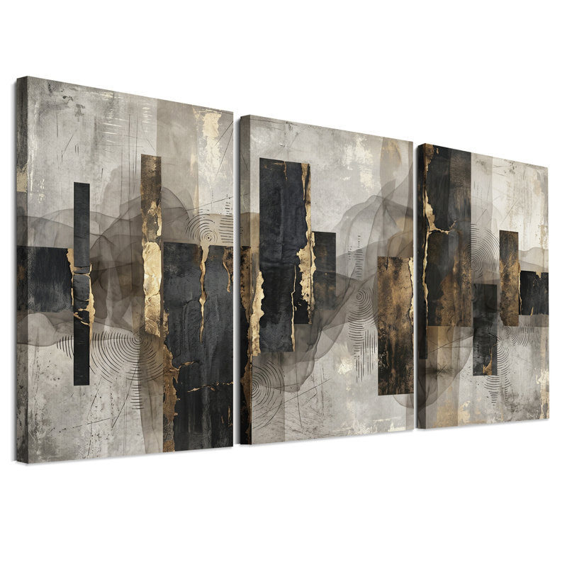 Ensemble de 3 toiles murales abstraites à rayures verticales noires et dorées, 24"H x 16"W x 3pcs