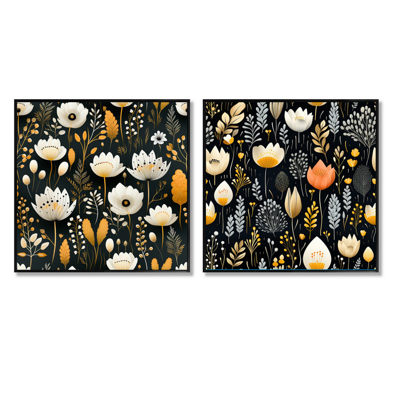 Émile - Ensemble de 2 collages carrés botaniques abstraits, Cadre flottant noir, H 16 po x l 33 po
