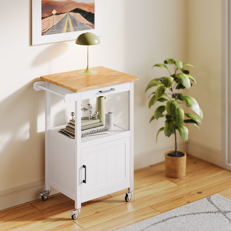 Chariot d'îlot de cuisine en bois avec 1 tiroir et armoire de rangement, chariot de cuisine roulant avec tablette ouverte, îlot de rangement mobile avec porte-serviettes et roulettes verrouillables