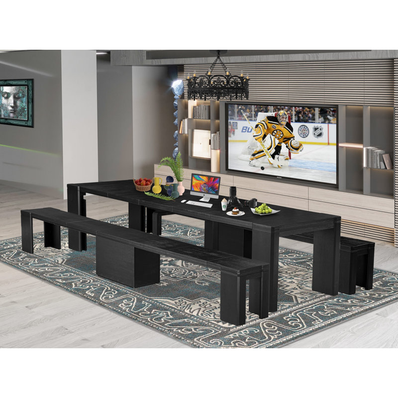 32E793356F2C4D8FBE1C1FFF8D101407 - L'ensemble de salle à manger 3 pièces comprend 1 table de cuisine rectangulaire et 2 bancs extensibles, noir brossé.