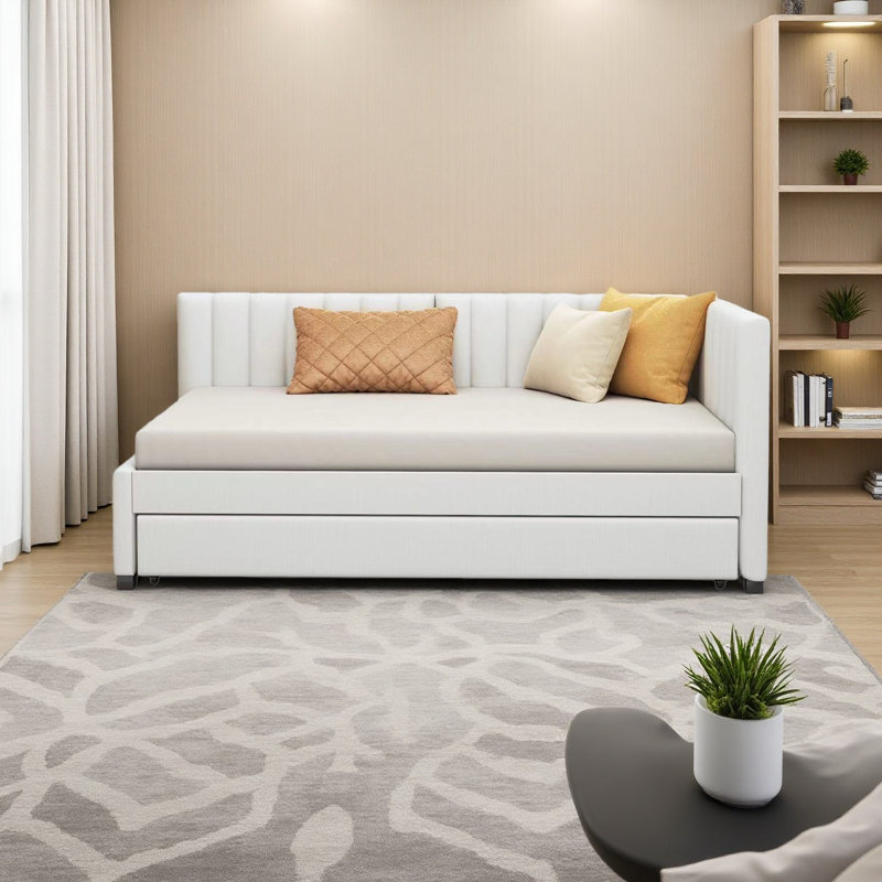 Upholstered Daybed With Trundle Twin Size Sofa Bed Frame No Box Spring Needed, Beige