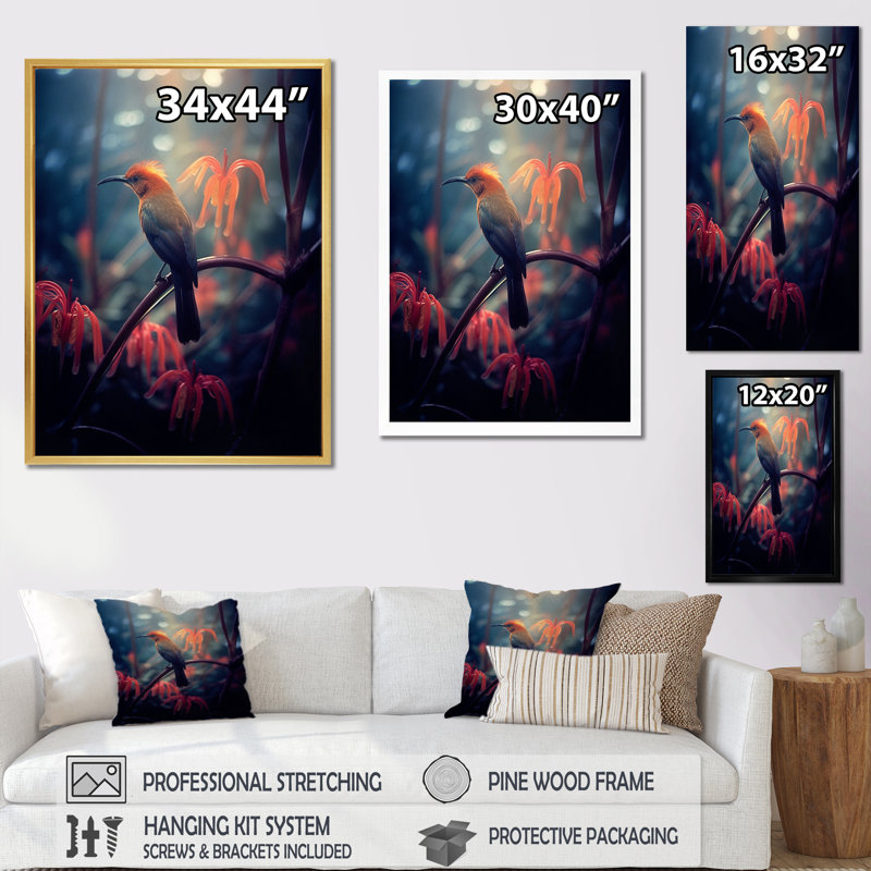 Oiseau jaune sur une fleur de cerisier V sur toile, H 44 po x l 34 po x P 1,5 po, Cadre simple blanc