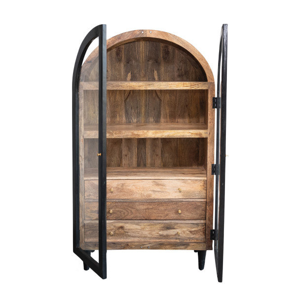 Arched Solid Mango Wood Curio Cabinet With 3 Drawers