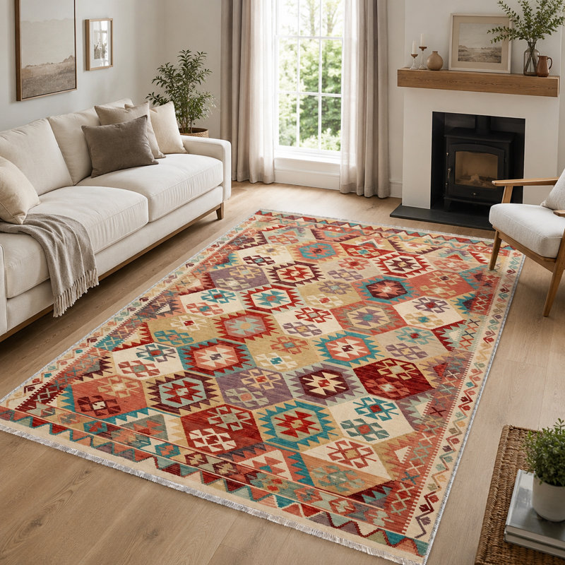 Oriental Cotton and Chenille Flatweave Area Rug, 160 cm round
