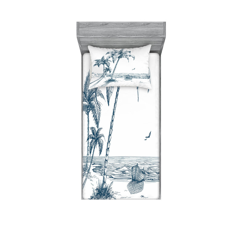 Drap-housse et coussin décoratif Ambesonne Island, bleu pétrole / blanc, Ensemble de draps pour lit simple + 5 pièces supp