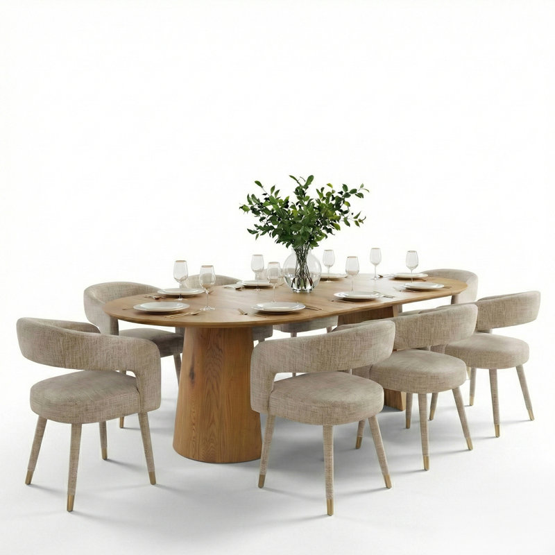 46"-83" Modern Extendable Pedestal Dining Table Set With Upholstered Open-Back Chairs, Round To Oval Kitchen Dining Set For 4-8