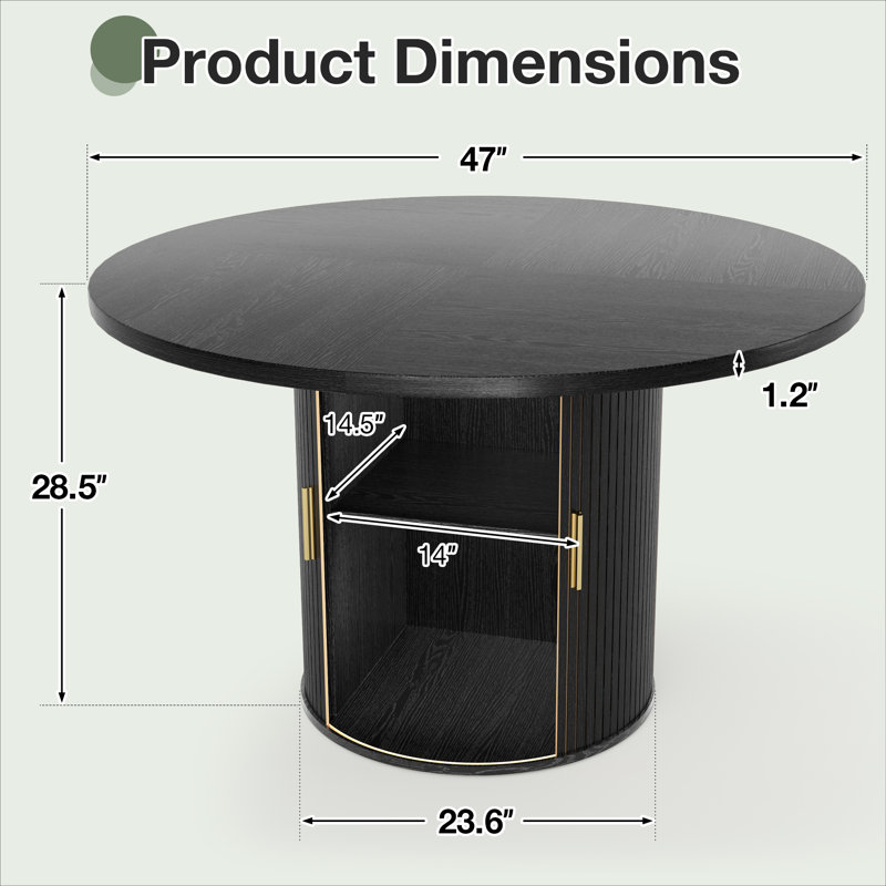 Table de salle à manger ronde 47 "avec tablette de rangement, Noir