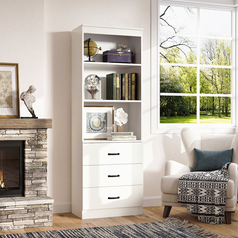 69 Tall Standard Bookcase with 3 Drawers and 3 Tier Open Shelves, Standing Storage Cabinet for Home, White