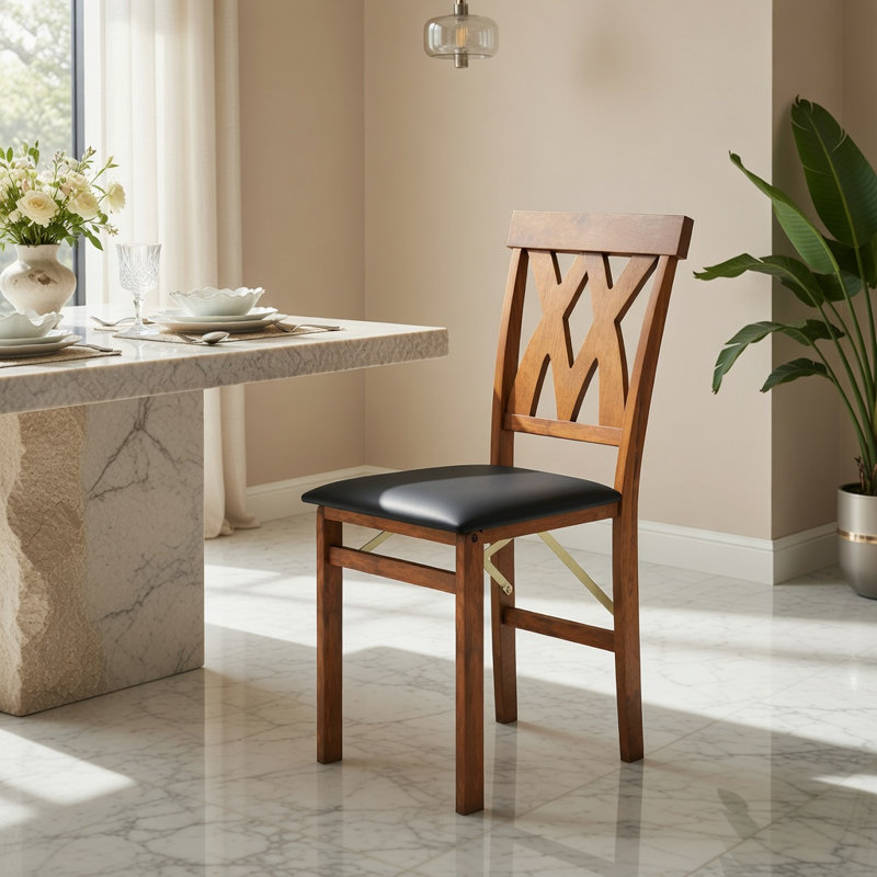  Ensemble de 2 chaises de salle à manger pliantes en bois, chaises de cuisine rembourrées en similicuir avec dossier ergonomique incurvé, noyer