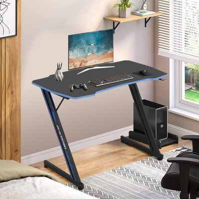 Dkelincs Red Gaming Desk Z-Shaped Game Desk Table, Blue