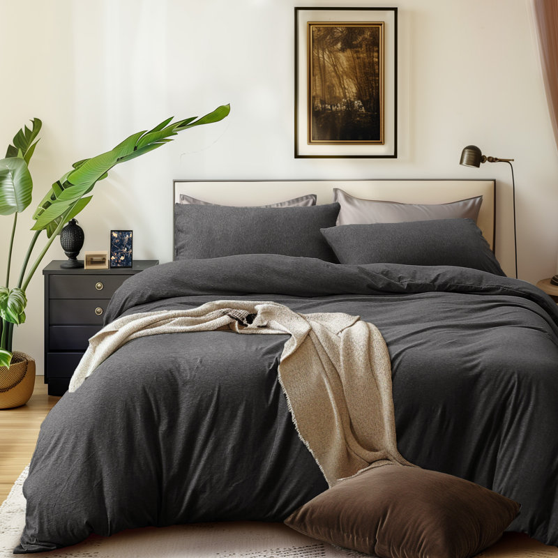 HOME BEDDING Jersey Cotton Duvet Cover Set, Charcoal Gray, California King Duvet Cover + 2 King Shams