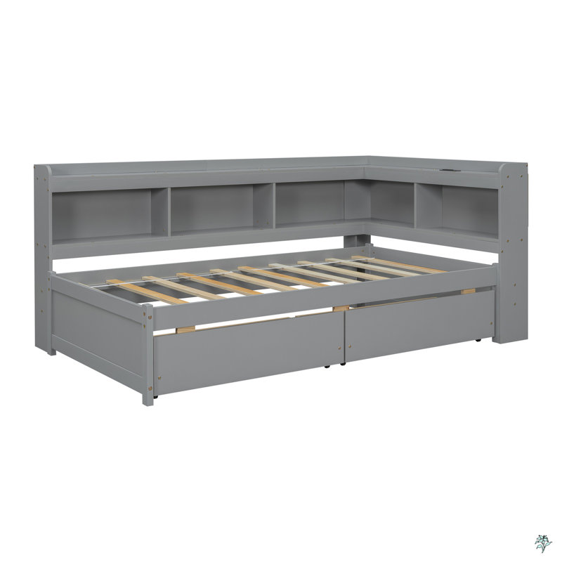 Twin Size L-Shaped Bookcases Bed With Power Outlets, USB Charging Ports,Two Drawers