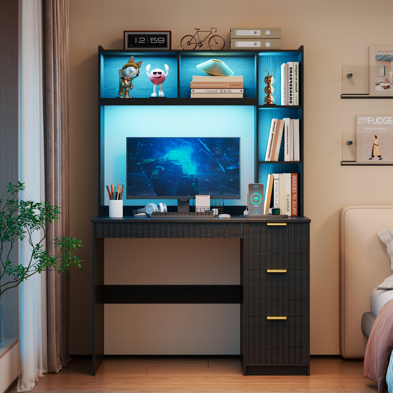 Computer Desk with Built-In Electrical Outlet, Black