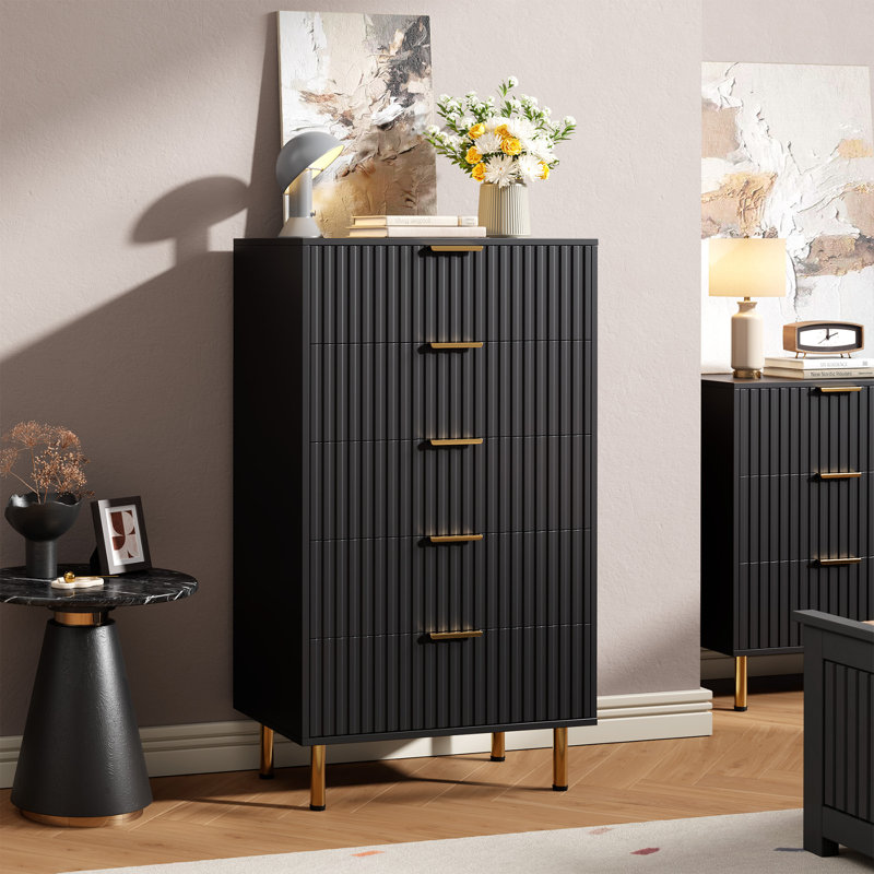 Commode de rangement cannelée à 5 tiroirs, Noir, noir, noir, noir