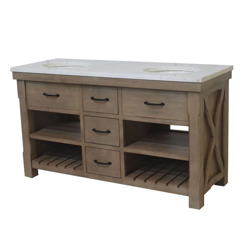 Meuble-lavabo double 60 po en bois naturel de style maison de campagne avec dessus en marbre blanc assemblé