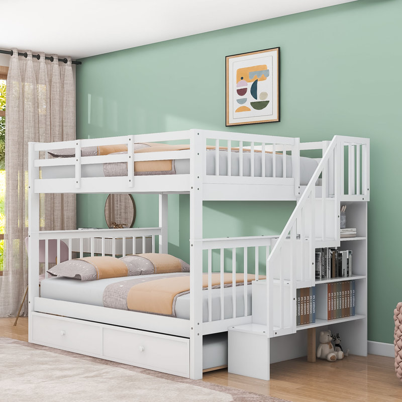 Doresha Kids Bunk Bed with Trundle, White, Full Over Full