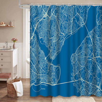 Blue City Map Old White Shower Curtain with 12 Hooks