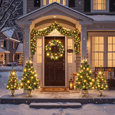 Ensemble d'arbre de Noël 6 pièces avec 4 arbres, une couronne illuminée, une guirlande et des lumières blanc chaud