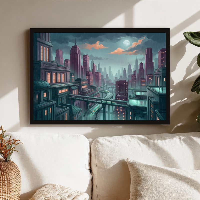 «Rainy Night City Skyline with Moon and Trains», art mural sur toile, 20"H x 30"W