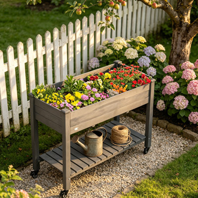 Set of 2 47" x 22" x 33" Raised Garden Bed – Elevated Wooden Planter Box with Lockable Wheels, Storage Shelf & Bed Liner, Mobile Planting Station for Vegetables, Herbs, Flowers – Dark Gray