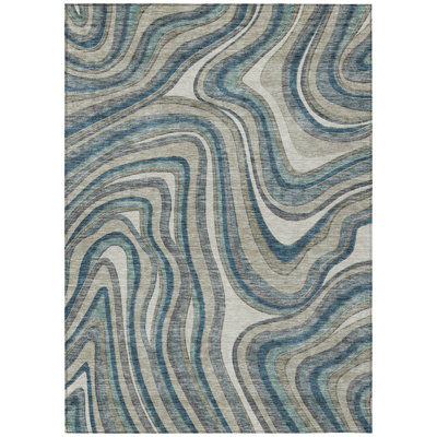 3' X 5' Teal Blue Gray And Taupe Abstract Washable Indoor Outdoor Area Rug