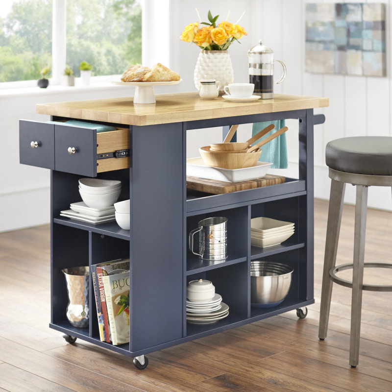 Haysi Solid Wood Top Kitchen Cart, Navy